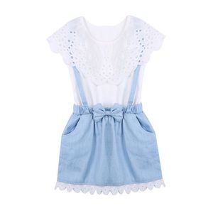 Bear Leader Blue & White Crochet Neckline Faux 2-Piece Jumper Dress Girls Size 6